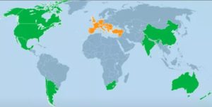 Με πορτοκαλί οι χώρες του Παλαιού Κόσμου και με πράσινο αυτές του Νέου.